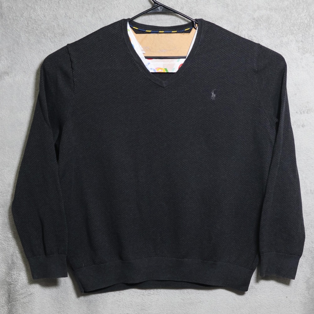 Polo Ralph Lauren Sweater Mens 2XL Dark Gray V-Neck Pima Cotton Herringbone